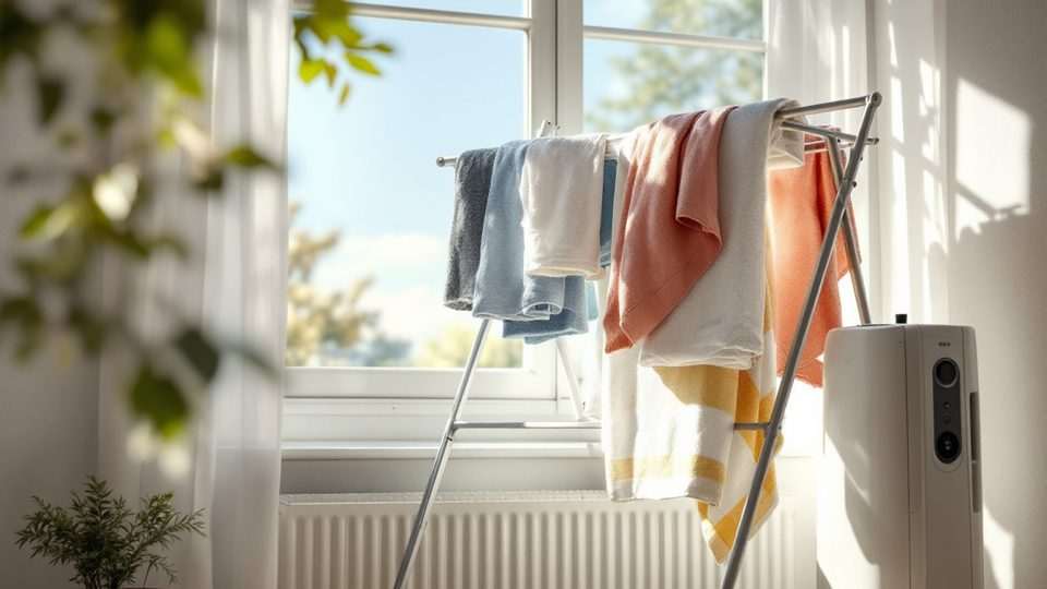 Étendoir à linge chargé de serviettes près d’une fenêtre